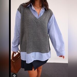 SundayUp Layered Stripe Shirt Sweater, Grey